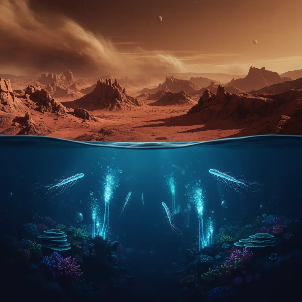 Split horizon showing red Martian canyon cliffs above and glowing cyan oceanic abyss below